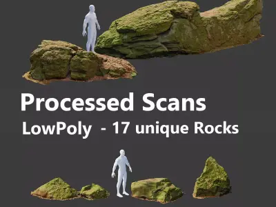 17x Rock Stone Scan Lowpoly Processed Mossy Forest Collection Low-poly 3D model