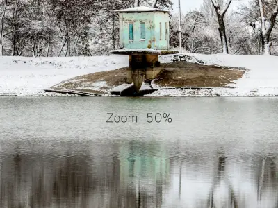 Panorama of the park with a lake and snow-covered trees - 35k 3D model