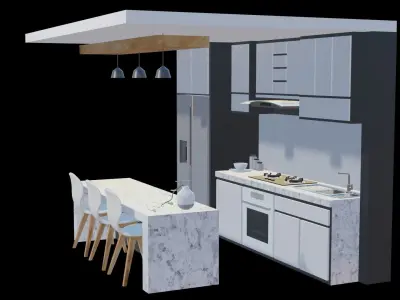 white modern design kitchen with lights - blender eevee Low-poly 3D model