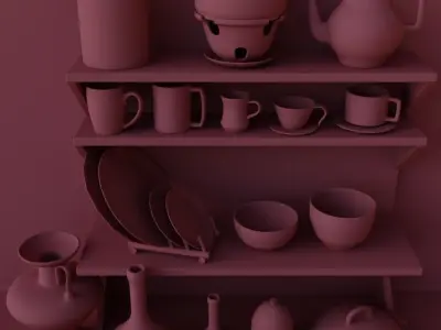 Stoneware dishes and pots on shelf Low-poly 3D model
