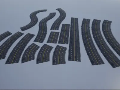 Modular Patched 4-Lane Highway Roads 4K-2K Low-poly 3D model