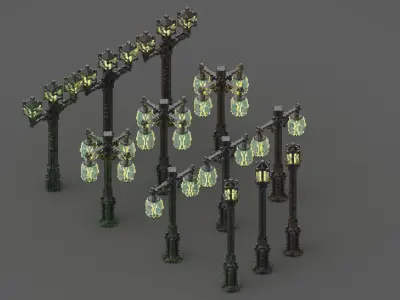 Modular Voxel Street Lights Bundle 3 Styles Clean Rusted Mossy Low-poly 3D model
