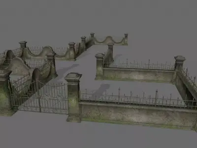 wall set wooden fence with iron railings Low-poly 3D model