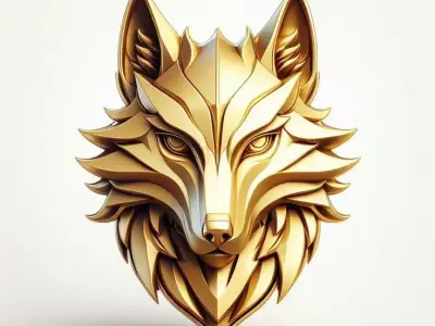 Golden Geometric Wolf Head Sculpture Sharp Angles 3D Low-poly 3D model
