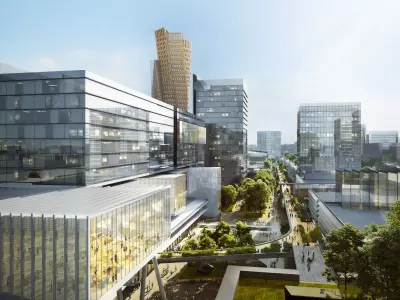 Modern Innovation Campus with Green Spine and Glass Facades 3D model