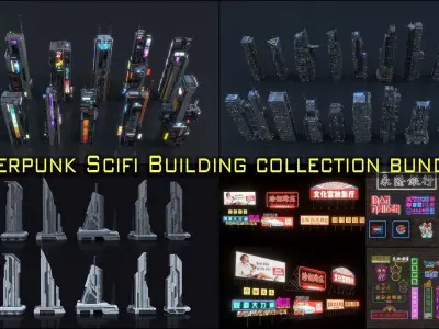 Cyberpunk Scifi Building collection bundles 3D Model Pack