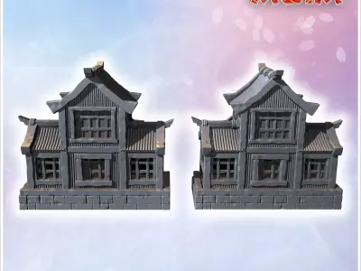 Group of traditional Japanese buildings with wooden walls tiered 3D print model