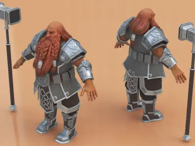  Dwarf Fighter in Chainmail with Hammer Rigged for Maya 