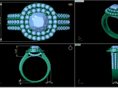 Double halo cushion cut mens ring 3D print model