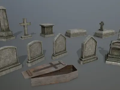 Tombstone Set two wooden coffins Low-poly 3D model