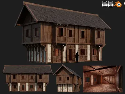 4 Old Medieval Houses Building Pack 4K Tex GameReady 97 to 100 Low-poly 3D model