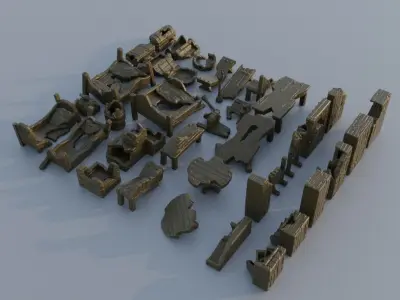 40 different Ruined Furniture Tabletop Scatter Terrain 28 mm 3D print model