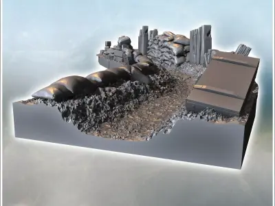 Barrier made of sandbags barrels and debris arranged along a def 3D print model