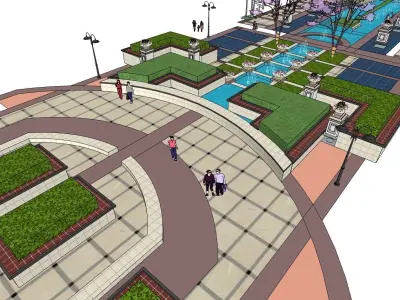 pool outdoor along with big planters and paved area 3D model