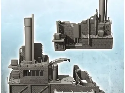 Modern brick factory with large chimney and access arch destroye 3D print model