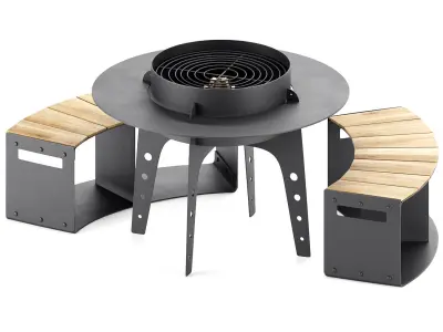 Hearth bbq table with bench and fire pit 3D model