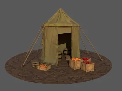 Stylized Medieval Market Tent and Food Crates Low-poly 3D model