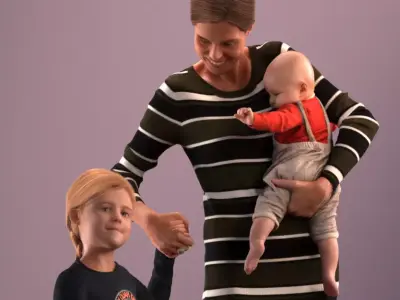 Pre-posed mother with her kids 3D model