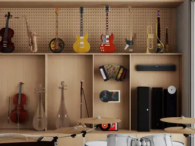 Music studio interior and instrument kit Low-poly 3D model
