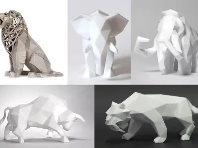 Low Poly Animals Collection lion sculpture made of wood 3D print model