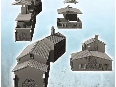 Set of three European houses in plaster and stone with floors 6  3D print model