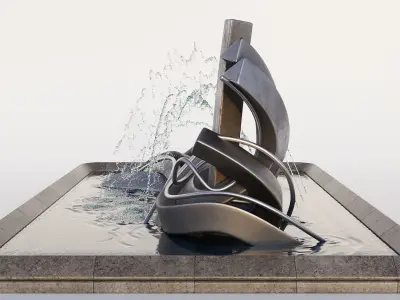 Pond with Metallic Sculpture and Fountains 3D model