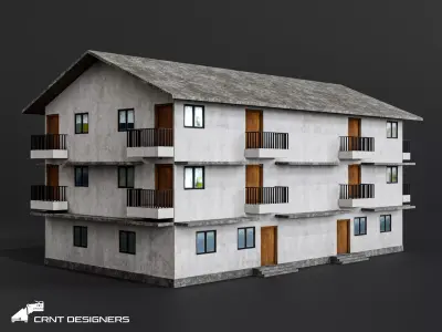 Indian Urban Residential Building with Balconies - Game Ready Low-poly 3D model