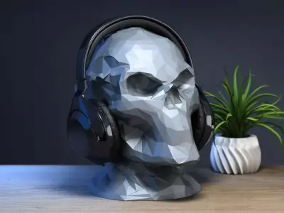 Low-poly Robot Skull Headphone Stand Cyborg Headset Stand 3D print model