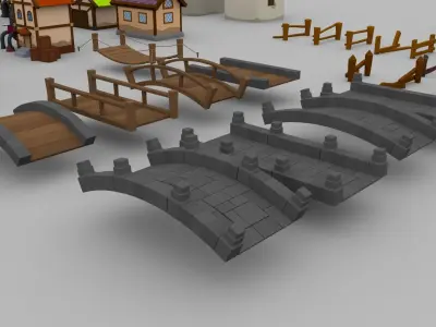 cartoon house bridge fence Low-poly 3D model