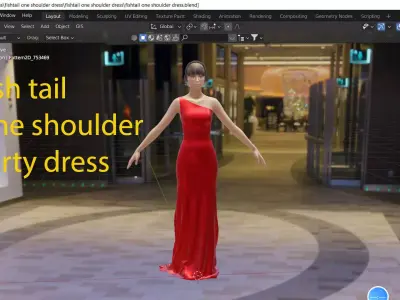 Fishtail one shoulder red  silk party dress Low-poly 3D model