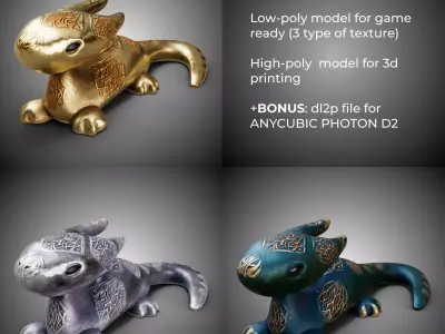 High-poly and low-poly statue of mint baby dragon 3D print model