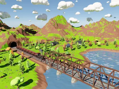Mountain Village With Train 3D model