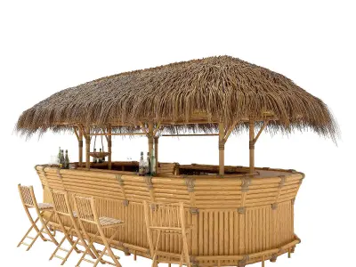 Thatched Bamboo tiki bar oval with chairs 3D model
