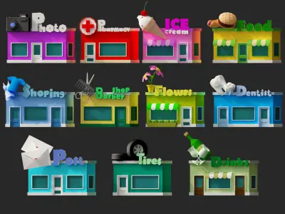 low poly cartoon buildings 3d model pack Low-poly 3D model