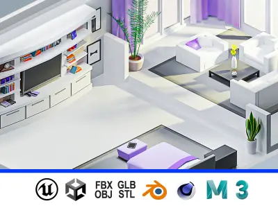 Room 9 living with curtains Low-poly 3D model