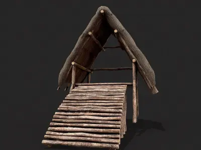 Primitive Wooden Shelter with Thatch Roof 4 Low-poly 3D model