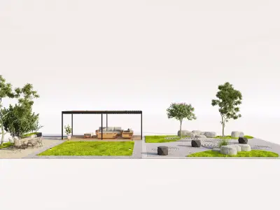 Modern Courtyard Design with Pergola and Zen Garden Low-poly 3D model