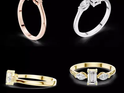 Emerald Cut Three Stone Diamond Engagement Ring CAD 3D print model