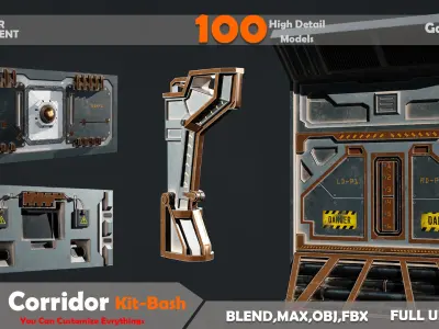 Sci-fi Interior Corridor Kitbash 100 Model Low-poly 3D model
