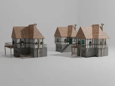 3 European style rural houses Low-poly 3D model