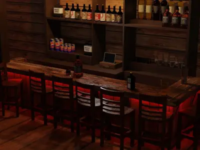 Bar counter with various drinks and red lighting Low-poly Low-poly 3D model