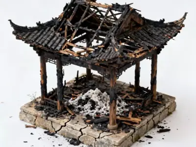 Burnt-Out Chinese Temple Pavilion 3D Model Low-poly 3D model
