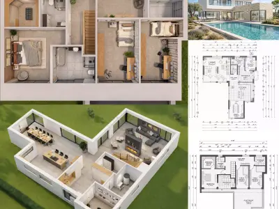  Modern Mediterranean House 3D model and dimension plans Low-poly 3D model