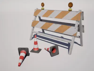 Traffic Barrier and Cone Low-poly 3D model
