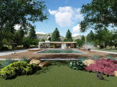 modern house with swimming pool and fireplace 3d model exterior Low-poly 3D model