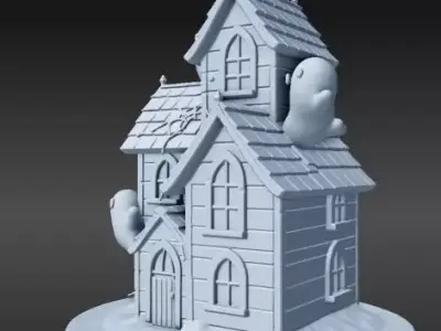Cartoon Haunted House with Three Ghosts 3D print model