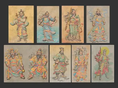 Chinese Temple Walls - Mural Bas relief Colored - 230909 Low-poly 3D model