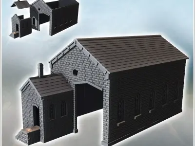 Brick warehouse with large windows and annex with door 26 - Mode 3D print model