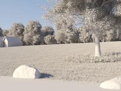 exterior 1 house in field with pond 3D model
