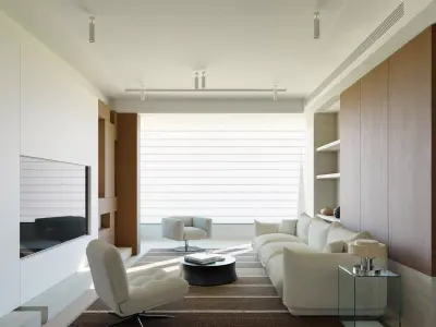 Minimalist Wooden Dining and Living Room Interior Scene 3D model